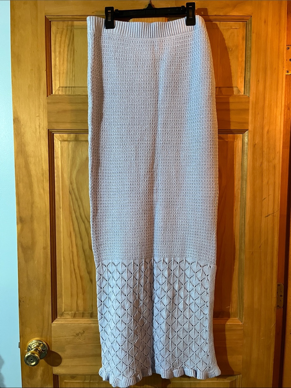 Olive & Oak Blush Knit Maxi Skirt with Lace-Knit Hem